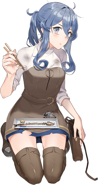 1girl alternate_costume bag blue_eyes blue_hair boots chopsticks closed_mouth drew_(drew213g) fish food gotland_(kantai_collection) handbag kantai_collection medium_dress medium_hair mole mole_under_eye official_art ponytail pout pouty_lips saury shirt thigh-highs thigh_boots white_shirt