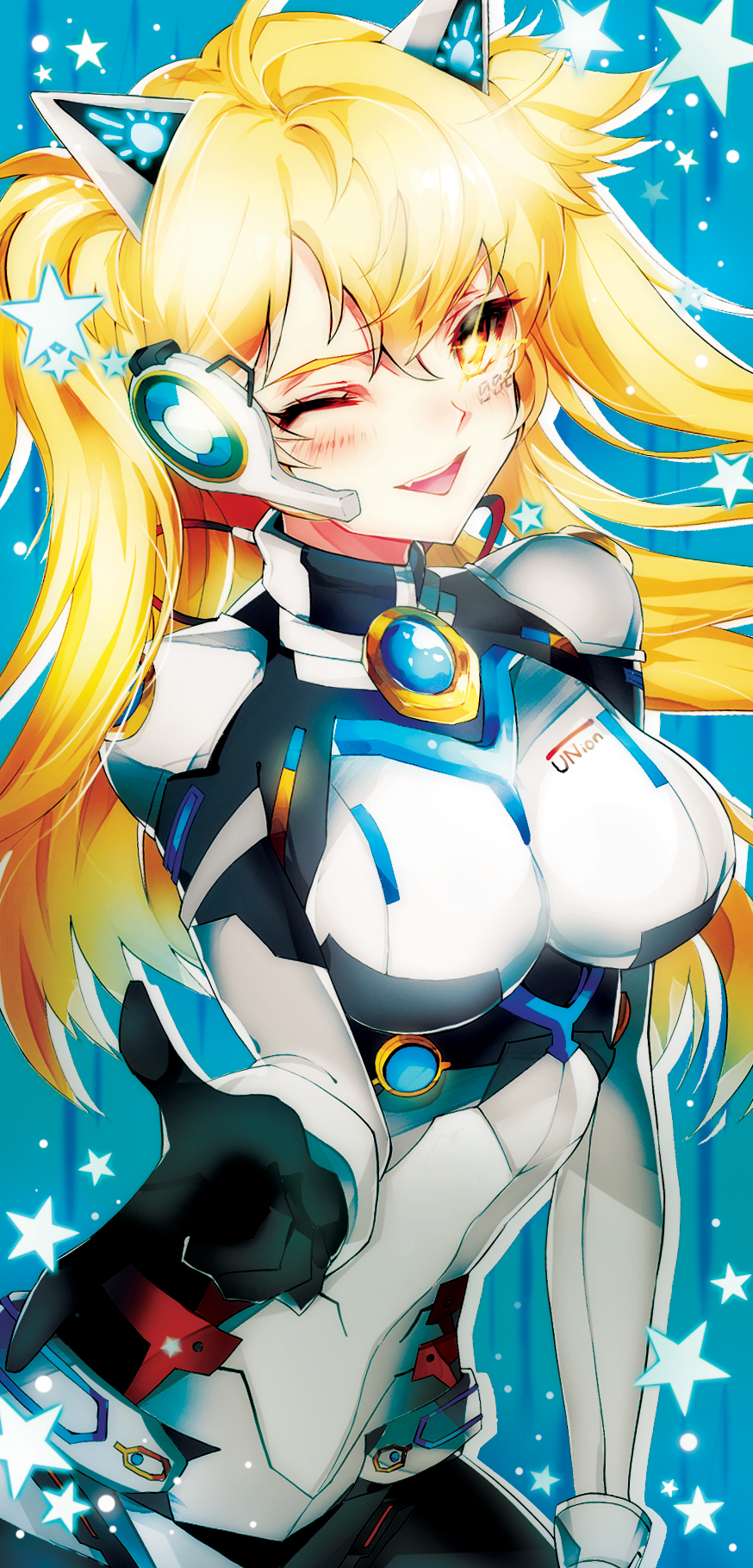1girl ;d animal_ears black_gloves blonde_hair blue_background blush bodysuit breasts breasts_apart cat_ears closers fake_animal_ears fang floating_hair gloves headpiece highres long_hair looking_at_viewer medium_breasts one_eye_closed open_mouth peanutc smile solo yellow_eyes