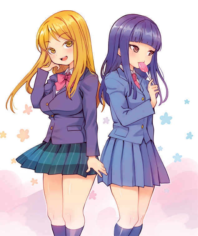 2girls :d bangs black_legwear blazer blonde_hair blue_skirt blunt_bangs blush breasts brown_eyes candy collared_shirt eyebrows_visible_through_hair food head_tilt hidaka_koharu high_score_girl holding holding_food jacket kneehighs large_breasts lollipop long_hair long_sleeves looking_at_viewer looking_away multiple_girls necktie oono_akira open_mouth pleated_skirt purple_hair red_neckwear ryoji_(nomura_ryouji) school_uniform shirt skirt smile standing white_shirt wing_collar