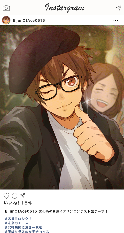 &gt;_o 1boy ace_of_diamond beret black_jacket brown_eyes brown_hair extra glasses hat jacket male_focus mamenoco one_eye_closed open_clothes open_jacket people sawamura_eijun selfie shirt short_hair smile solo thumbs_up upper_body white_shirt