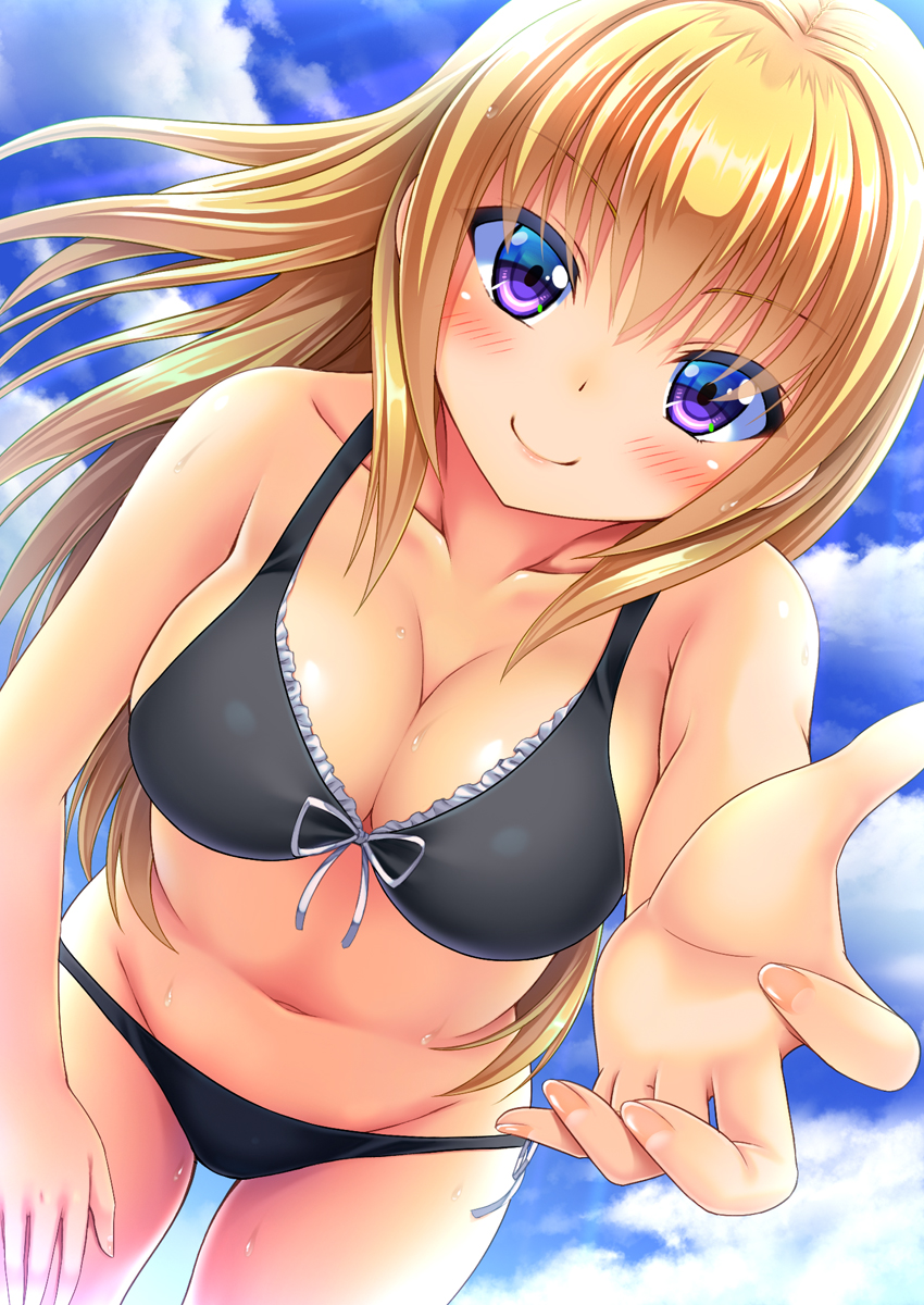 1girl bangs bikini black_bikini blonde_hair blue_skirt breasts cleavage closed_mouth clouds cloudy_sky collarbone commentary_request cowboy_shot dutch_angle foreshortening frilled_bikini frills from_below front-tie_bikini front-tie_top hand_on_own_thigh highres leaning_forward long_hair looking_at_viewer medium_breasts navel noshimasa original reaching_out skirt sky smile solo standing swimsuit violet_eyes wet window