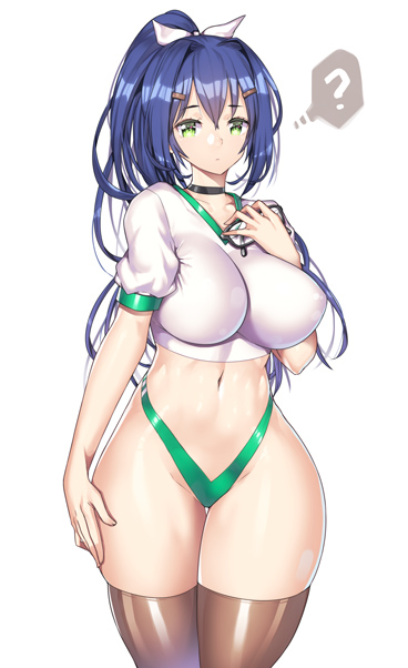 1girl black_legwear blue_hair breasts choker curvy green_eyes hair_ornament hair_ribbon highleg highleg_leotard impossible_clothes impossible_leotard large_breasts leotard long_hair looking_at_viewer nagase_haruhito navel original ponytail puffy_sleeves ribbon solo standing thick_thighs thigh-highs thighs wide_hips