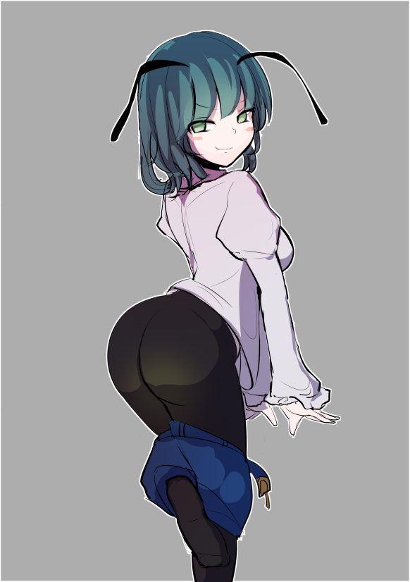 1girl adda antennae arched_back ass blush_stickers breasts commentary_request eyebrows_visible_through_hair green_eyes green_hair grey_background large_breasts looking_at_viewer looking_back naughty_face pantyhose shirt shorts shorts_pull simple_background smug solo touhou wriggle_nightbug