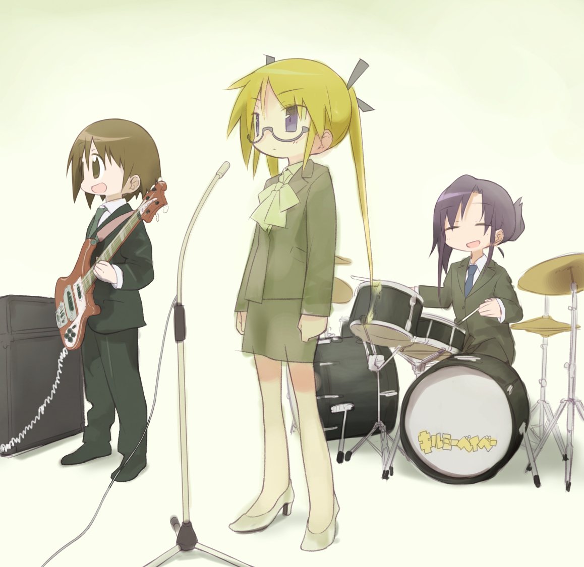 3girls alternate_costume alternate_hairstyle amplifier black_ribbon blonde_hair blue_eyes blue_neckwear blush brown_eyes brown_hair closed_eyes closed_mouth collared_shirt copyright_name drum drum_set drumsticks eyebrows_visible_through_hair facing_viewer glasses goshiki_agiri guitar hair_ribbon high_heels holding holding_drumsticks holding_instrument instrument kill_me_baby long_sleeves multiple_girls necktie okayparium open_mouth oribe_yasuna purple_hair ribbon shirt short_hair smile sonya_(kill_me_baby) standing twintails