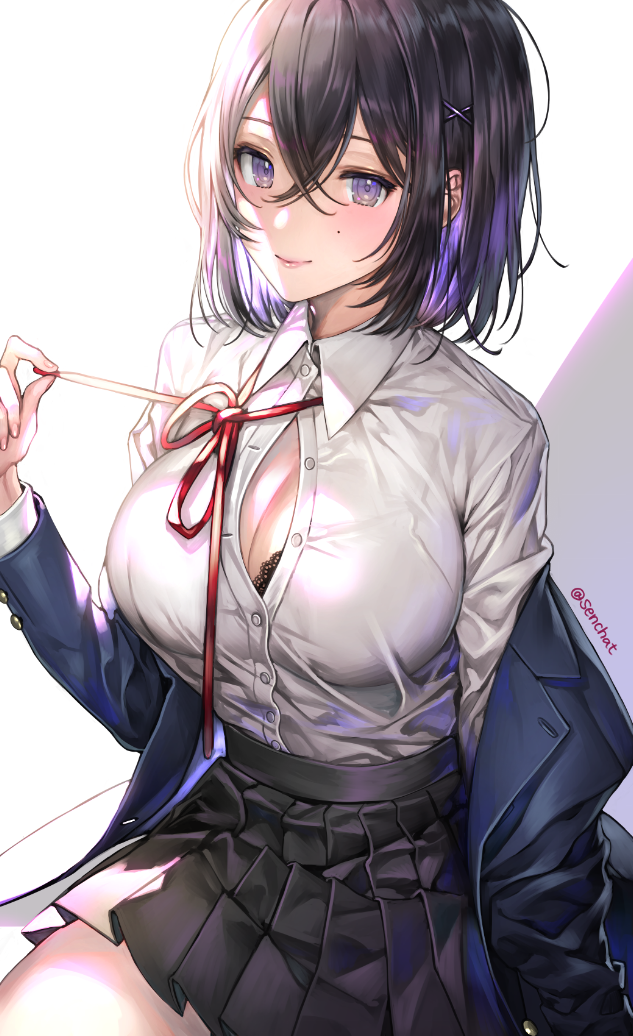 1girl artist_name bangs black_bra black_hair blazer bow bowtie bra breasts buttons cleavage closed_mouth hair_ornament jacket large_breasts long_sleeves looking_at_viewer mole off_shoulder original pleated_skirt school_uniform senchat shiny shiny_hair shirt signature simple_background sitting skirt solo underwear violet_eyes x_hair_ornament