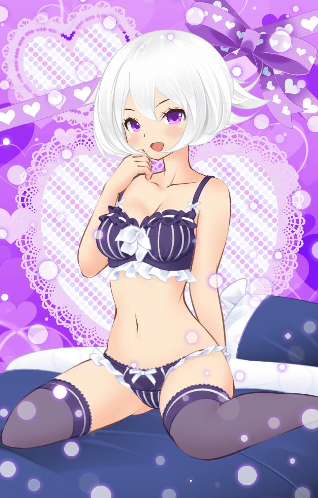 1girl arm_behind_back bangs bed black_bra black_legwear black_panties bow bow_bra bow_panties bra breasts cleavage doily frilled_bra frilled_panties frills full_body garters hand_to_own_mouth heart heart_print legs looking_at_viewer medium_breasts navel official_art on_bed open_mouth panties pillow purple_panties short_hair sitting smile solo soulgirl thigh-highs underwear underwear_only violet_eyes wariza white_hair