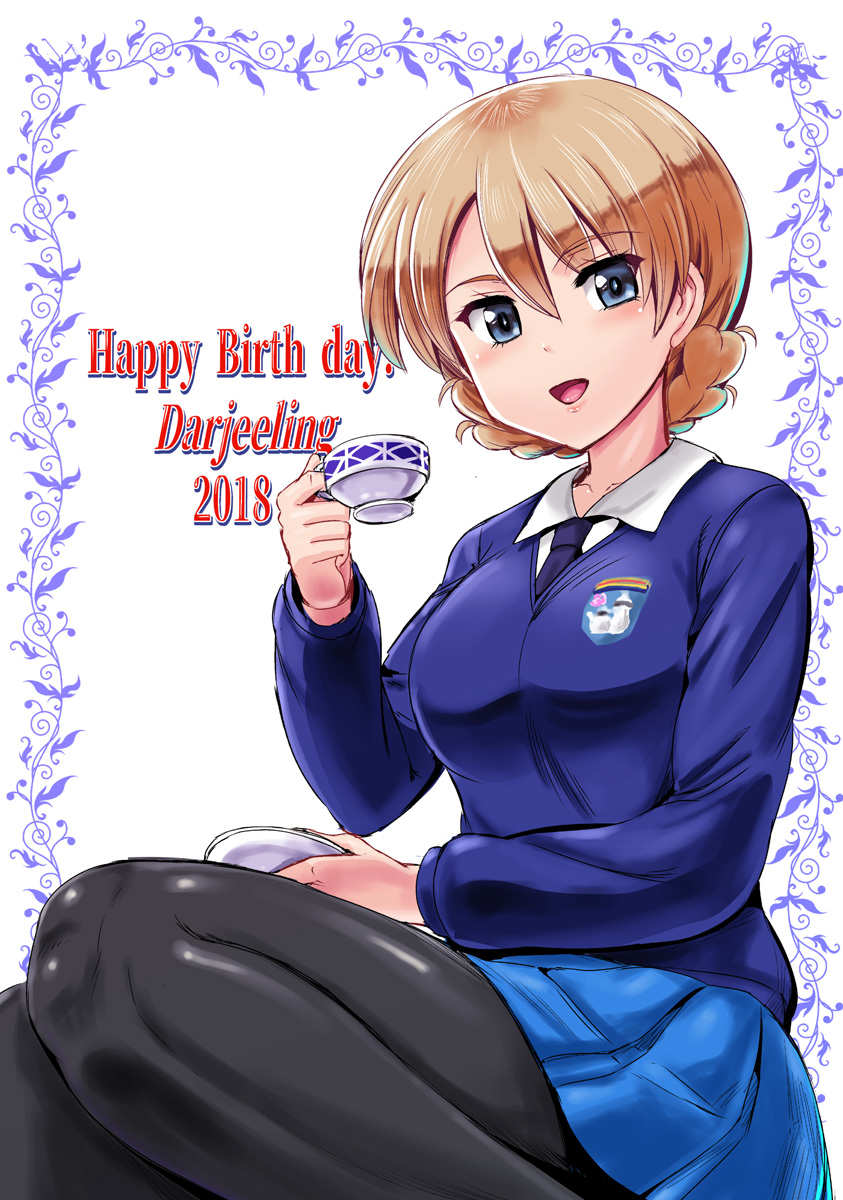 1girl bangs black_legwear black_neckwear blonde_hair blue_eyes blue_skirt blue_sweater braid commentary_request cup darjeeling dress_shirt emblem english eyebrows_visible_through_hair girls_und_panzer highres holding holding_cup holding_saucer ivy kumoi_takashi lips long_sleeves looking_at_viewer miniskirt necktie open_mouth pantyhose pleated_skirt saucer school_uniform shirt short_hair sitting skirt smile solo st._gloriana's_(emblem) st._gloriana's_school_uniform sweater teacup tied_hair twin_braids v-neck white_shirt wing_collar