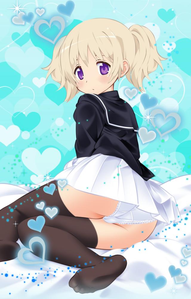 1girl aqua_background arm_support ass bangs black_blouse black_legwear blonde_hair blouse blush closed_mouth crotch_seam from_behind heart heart_print lace lace-trimmed_panties legs light_frown light_particles looking_at_viewer looking_back lying miniskirt official_art on_bed on_side panties pleated_skirt school_uniform serafuku short_hair short_twintails skirt solo soulgirl sparkle thigh-highs twintails underwear violet_eyes white_panties white_skirt