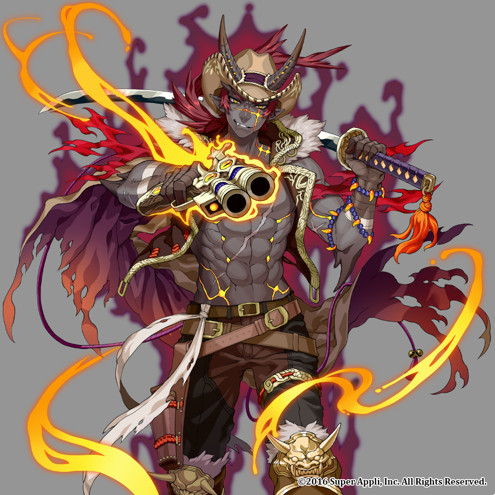 1boy aura beads belt copyright_request fur_trim glowing gun hat holding holding_weapon holster horns katana magatama official_art pointing_weapon scar smirk solo sword weapon yuzu_shio