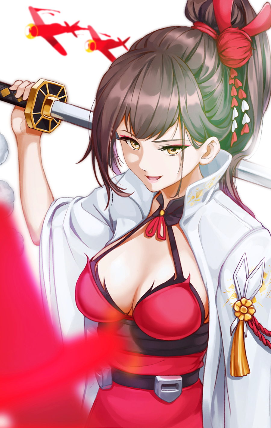 aiguillette aircraft airplane azur_lane bangs blush breasts brown_hair c-eye cleavage eyeshadow flower hair_flower hair_ornament highres holding holding_sword holding_weapon japanese_clothes katana large_breasts lipstick long_hair looking_at_viewer makeup open_mouth pink_lipstick ponytail shikigami sidelocks smile sword tassel very_long_hair weapon wide_sleeves zuikaku_(azur_lane)
