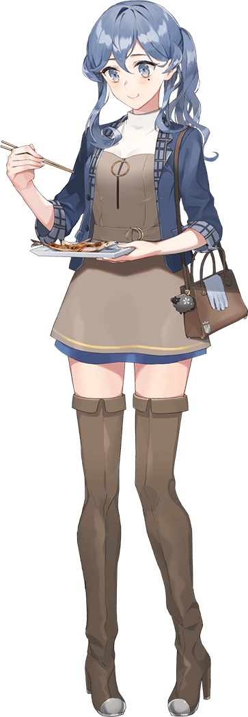 1girl alternate_costume bag blue_eyes blue_hair boots chopsticks closed_mouth drew_(drew213g) fish food gotland_(kantai_collection) handbag jacket kantai_collection long_hair medium_dress mole mole_under_eye official_art open_clothes open_jacket ponytail saury shirt thigh-highs thigh_boots white_shirt