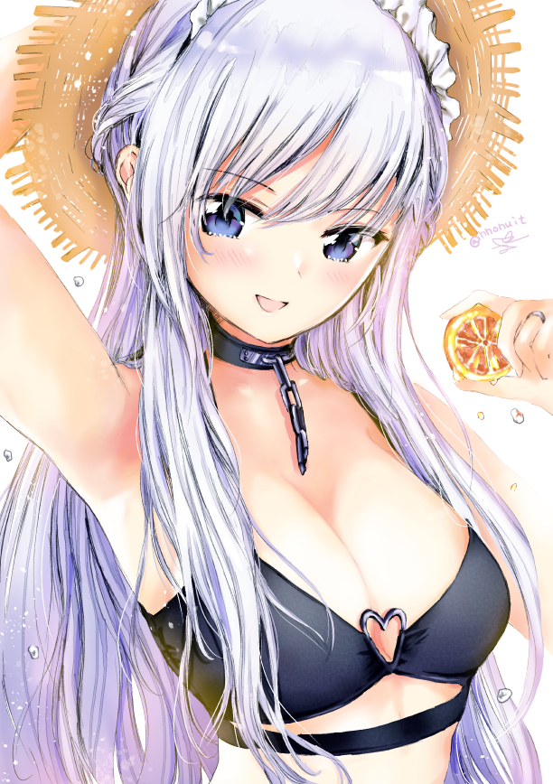 1girl :d arm_behind_back arm_up armpits azur_lane bangs bare_shoulders belfast_(azur_lane) bikini bikini_top black_bikini blue_eyes blue_hair blush breasts broken broken_chain brown_hat chain chains cleavage collar eyebrows_visible_through_hair food frills fruit hat heart_ring heart_ring_top holding holding_fruit jewelry long_hair looking_at_viewer maid_headdress medium_breasts open_mouth ring signature simple_background smile solo straight_hair straw_hat swimsuit tsunano_(koi_pink) twitter_username upper_body water_drop white_background