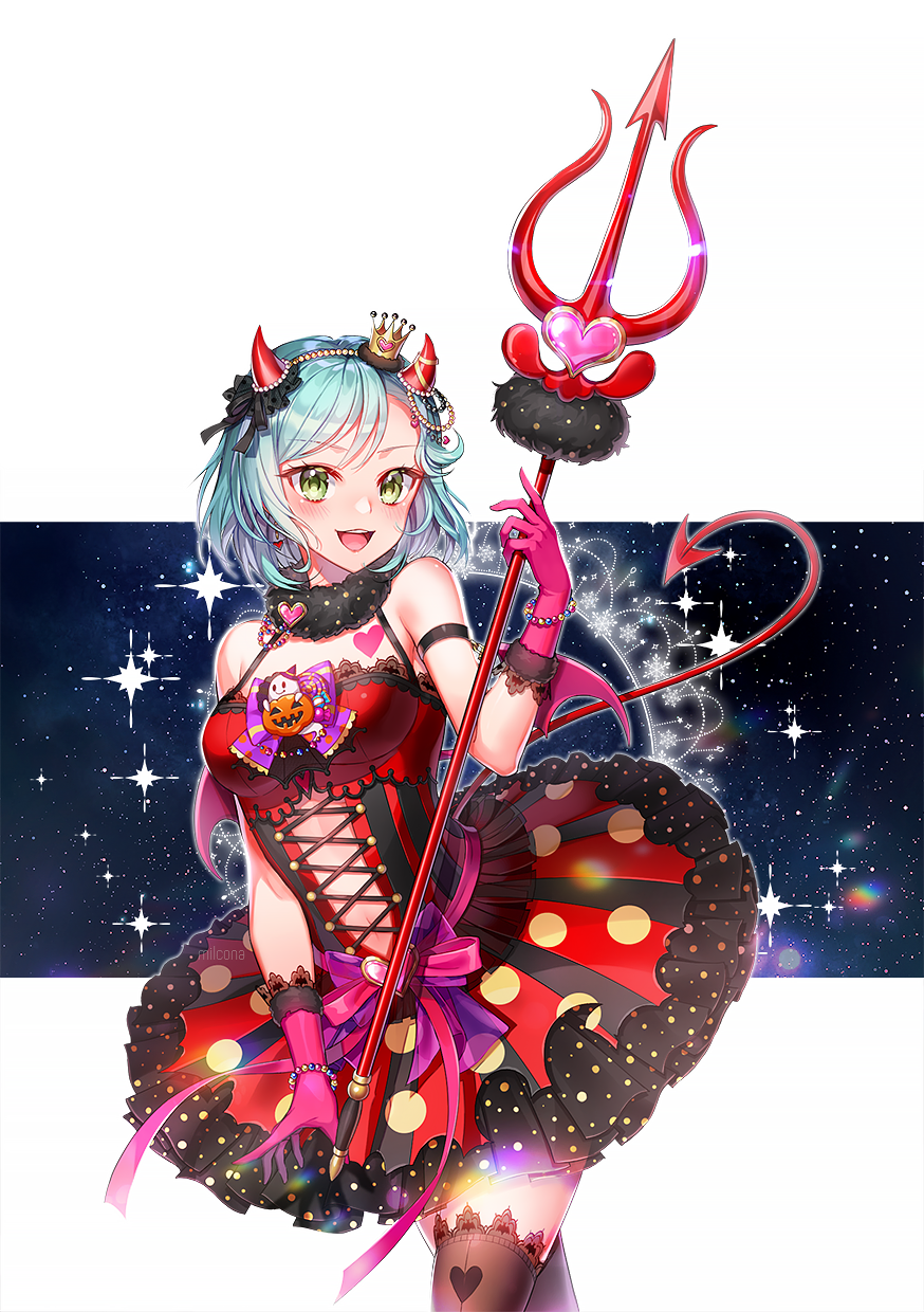 1girl :d aqua_hair armband bang_dream! black_legwear blann bracelet cross-laced_clothes crown demon_horns demon_tail demon_wings dress earrings eyebrows_visible_through_hair frilled_dress frills fur_collar gloves green_eyes hairband halloween halloween_costume heart heart_earrings heart_print highres hikawa_hina horns jewelry looking_at_viewer mini_crown navel navel_cutout open_mouth pink_gloves pink_ribbon pink_wings pitchfork polka_dot polka_dot_dress red_dress ribbon short_hair sky smile solo sparkle star_(sky) starry_sky striped tail thigh-highs vertical-striped_dress vertical_stripes wings