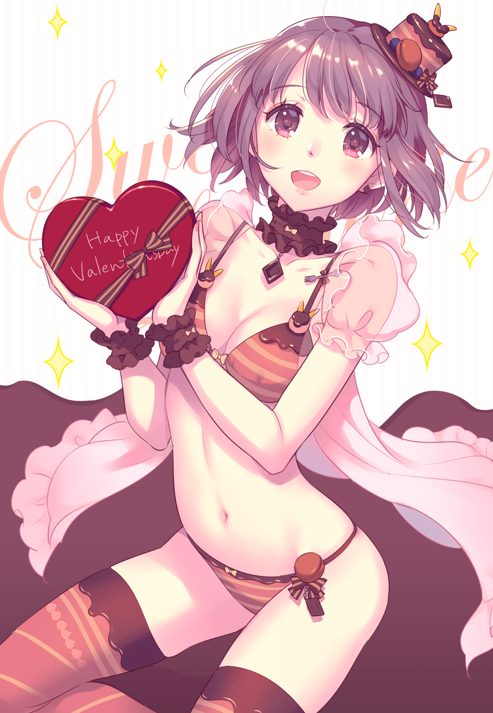 1girl :d bangs blush bow bow_bra bow_panties box bra breasts brown_hair brown_legwear cleavage collarbone commentary_request earrings english_text eyebrows_visible_through_hair food food_themed_clothes gift gift_box happy_valentine hat head_tilt heart-shaped_box highres holding holding_gift jewelry looking_at_viewer macaron mini_hat mini_top_hat nishimura_eri open_mouth original panties puffy_short_sleeves puffy_sleeves red_eyes see-through see-through_sleeves short_sleeves small_breasts smile solo sparkle striped striped_background striped_bra striped_panties sweets_lingerie thigh-highs tilted_headwear top_hat underwear upper_teeth vertical-striped_background vertical_stripes wrist_cuffs