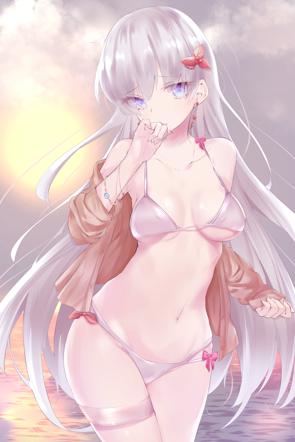 1girl anastasia_(fate/grand_order) bangs bow bracelet breasts clouds collarbone covering_mouth cowboy_shot earrings eyebrows_visible_through_hair eyes_visible_through_hair fate/grand_order fate_(series) flower hair_flower hair_ornament highres jewelry long_hair long_sleeves looking_at_viewer medium_breasts navel ocean off_shoulder open_clothes open_shirt outdoors pink_bow sai_(saipoko) silver_bikini silver_hair sleeves_past_wrists solo strap_gap thigh_strap very_long_hair