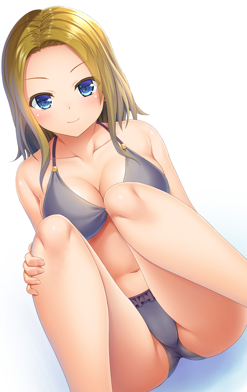 1girl bangs bikini blonde_hair blue_eyes blush breasts cleavage closed_mouth collarbone commentary_request dutch_angle frilled_bikini frills grey_background hand_on_own_leg highres invisible_chair legs looking_at_viewer medium_breasts medium_hair noshimasa original sitting smile solo swimsuit white_background
