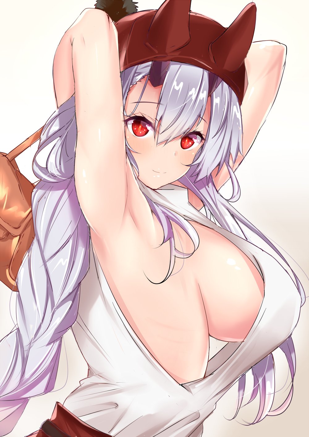 1girl armpits arms_behind_head arms_up bag bangs beret blush braid breasts fate/grand_order fate_(series) hair_between_eyes hat highres horns large_breasts long_hair looking_at_viewer looking_to_the_side oni_horns red_eyes red_hat red_skirt sankakusui shiny shiny_hair shiny_skin shirt shoulder_bag sideboob silver_hair simple_background skirt sleeveless solo tomoe_gozen_(fate/grand_order) very_long_hair waist white_shirt