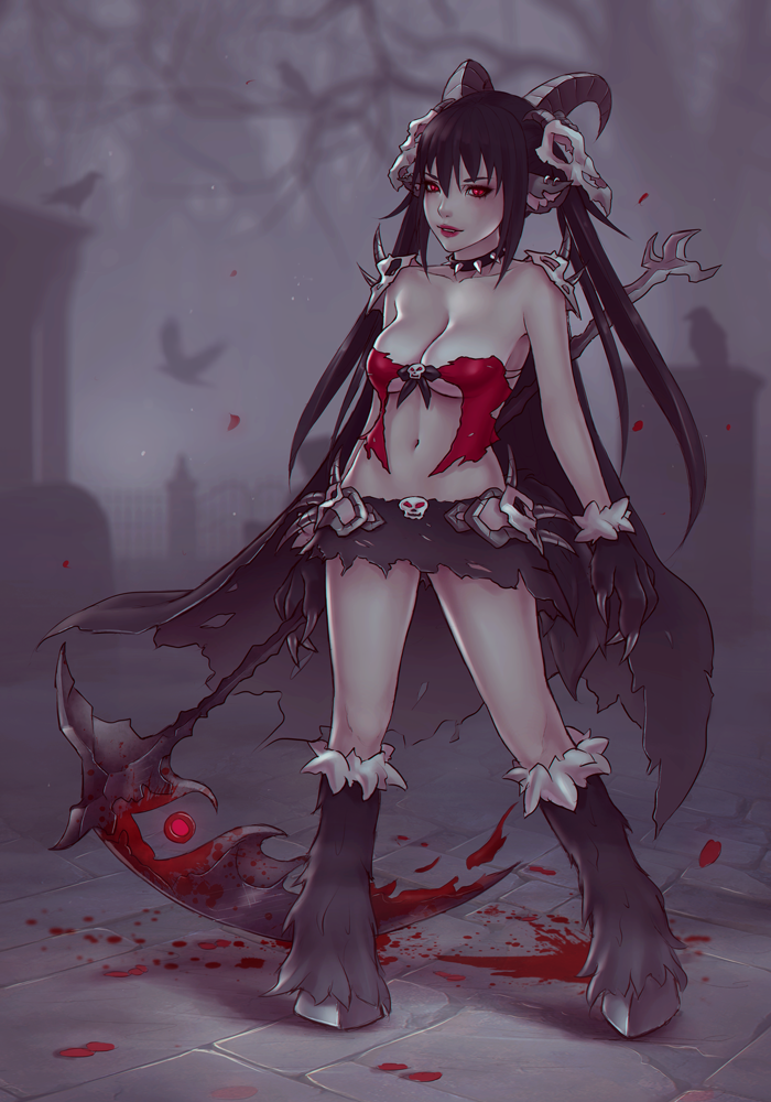 1girl animal_ears baphomet_(monster_girl_encyclopedia) black_cape black_fur black_hair black_skirt blood blood_stain bloody_weapon breasts cape claws collar collarbone commission demon_girl ear_piercing full_body fur graveyard hair_between_eyes hooves horns legs_apart light_smile long_hair looking_at_viewer medium_breasts microskirt monster_girl_encyclopedia navel parted_lips paws piercing red_eyes scythe skirt skull solo soranamae spiked_collar spikes standing torn_cape torn_clothes torn_skirt twintails weapon