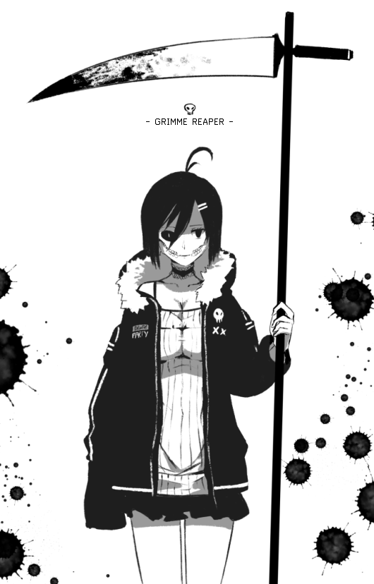 1girl antenna_hair arm_at_side bare_shoulders breasts choker cleavage closed_mouth clothes_writing collarbone commentary cowboy_shot cutting_hair dishwasher1910 english english_commentary greyscale hair_between_eyes holding hood hood_down hooded_jacket jacket long_sleeves medium_breasts miniskirt mismatched_sclera monochrome original scythe shaded_face short_hair simple_background skirt skull smile solo splatter sweater teeth thighs white_background