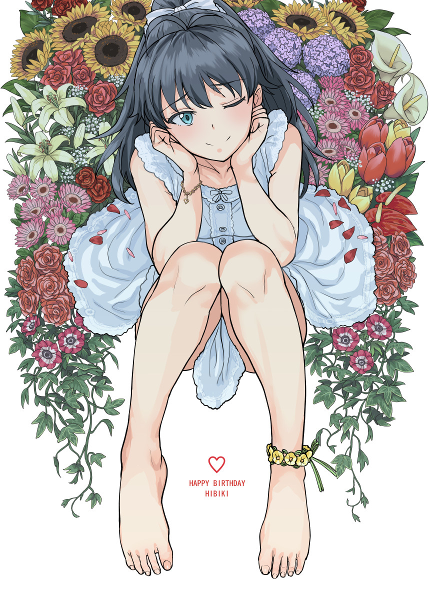 1girl antenna_hair aqua_eyes bangs bare_legs bare_shoulders black_hair bracelet chin_rest closed_mouth collarbone dress earrings eyebrows_visible_through_hair flower frilled_dress frills from_above full_body ganaha_hibiki hair_ornament head_rest head_tilt heart high_ponytail highres hoop_earrings idolmaster jewelry knees_together_feet_apart long_hair looking_at_viewer looking_up one_eye_closed ponytail rose sitting sleeveless sleeveless_dress smile solo sunflower toenails toes tsurui tulip white_dress
