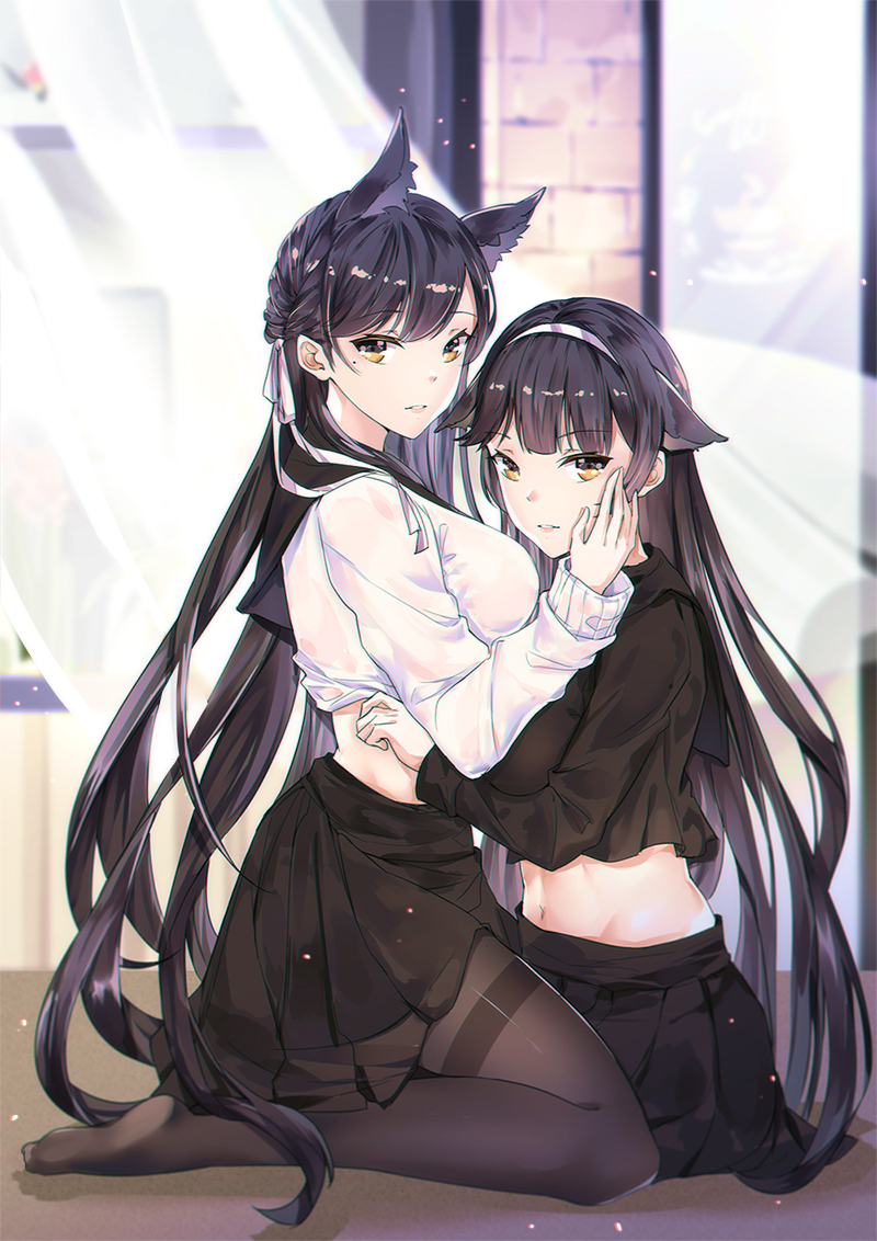 2girls animal_ears atago_(azur_lane) azur_lane bow breasts curtains eyebrows_visible_through_hair hair_bow hairband holding_falog_hair indoors kneeling lack_hair large_breasts looking_at_viewer midriff multiple_girls navel pantyhose parted_lips pleated_skirt school_uniform sitting skirt takao_(azur_lane) tuzi uniform white_bow wind yellow_eyes