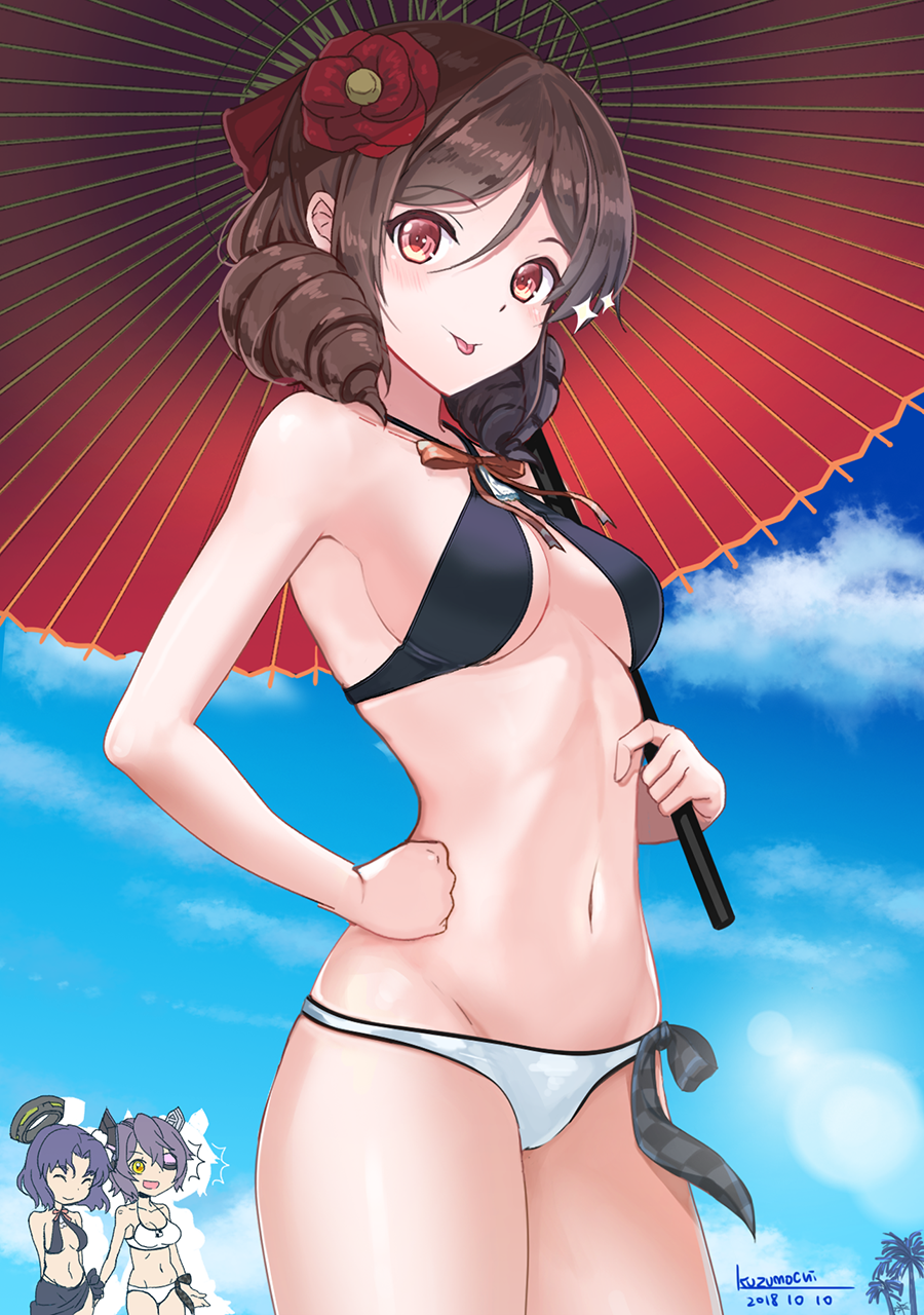 3girls alternate_costume bangs bikini blue_sky blush bow breasts brown_hair closed_eyes closed_mouth clouds collarbone commentary_request day drill_hair eyebrows_visible_through_hair eyepatch flower groin hair_between_eyes hair_bow hair_flower hair_ornament harukaze_(kantai_collection) hat headgear highres holding kantai_collection kuzumochi_(kuzumochiya) looking_at_viewer medium_breasts multiple_girls navel necktie open_mouth oriental_umbrella outdoors purple_hair red_bow red_eyes short_hair sky smile standing swimsuit tatsuta_(kantai_collection) tenryuu_(kantai_collection) thighs tongue tongue_out tree twin_drills umbrella under_boob