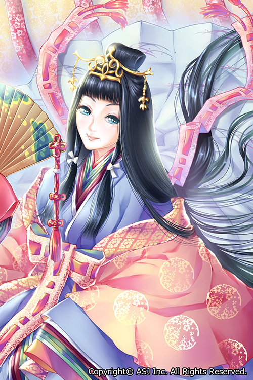 1girl bangs black_hair blue_eyes blunt_bangs company_name copyright_request fan folding_fan hair_ornament isomine japanese_clothes karaginu_mo kimono layered_clothing layered_kimono long_hair looking_at_viewer official_art paper_fan princess sidelocks smile solo very_long_hair