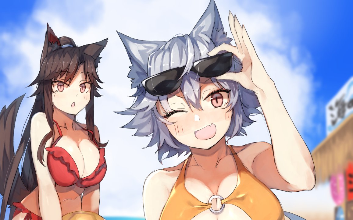2girls ;d adjusting_eyewear animal_ear_fluff animal_ears arm_up ball bangs bare_arms bare_shoulders beachball bikini blue_sky blurry blurry_background blush breasts brown_hair cleavage collarbone commentary_request day eyebrows_visible_through_hair eyewear_on_head fang hair_between_eyes hair_tie holding holding_ball imaizumi_kagerou inubashiri_momiji kasuka_(kusuki) large_breasts long_hair long_ponytail looking_at_viewer multiple_girls navel one_eye_closed open_mouth orange_bikini outdoors ponytail red_bikini red_eyes sidelocks silver_hair sky smile stomach sunglasses swimsuit tail touhou upper_body v-shaped_eyebrows very_long_hair wolf_ears wolf_tail