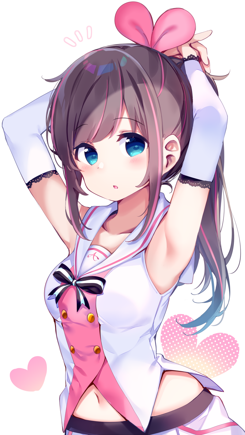 1girl a.i._channel armpits arms_up bangs black_bow blue_eyes bow breasts brown_hair chikuwa. collarbone commentary_request detached_sleeves eyebrows_visible_through_hair hair_ribbon heart highres kizuna_ai long_hair long_sleeves looking_at_viewer multicolored_hair navel notebook parted_lips pink_hair pink_ribbon ponytail ribbon sailor_collar shirt sidelocks simple_background sleeveless sleeveless_shirt small_breasts solo streaked_hair striped striped_bow virtual_youtuber white_background white_sailor_collar white_shirt