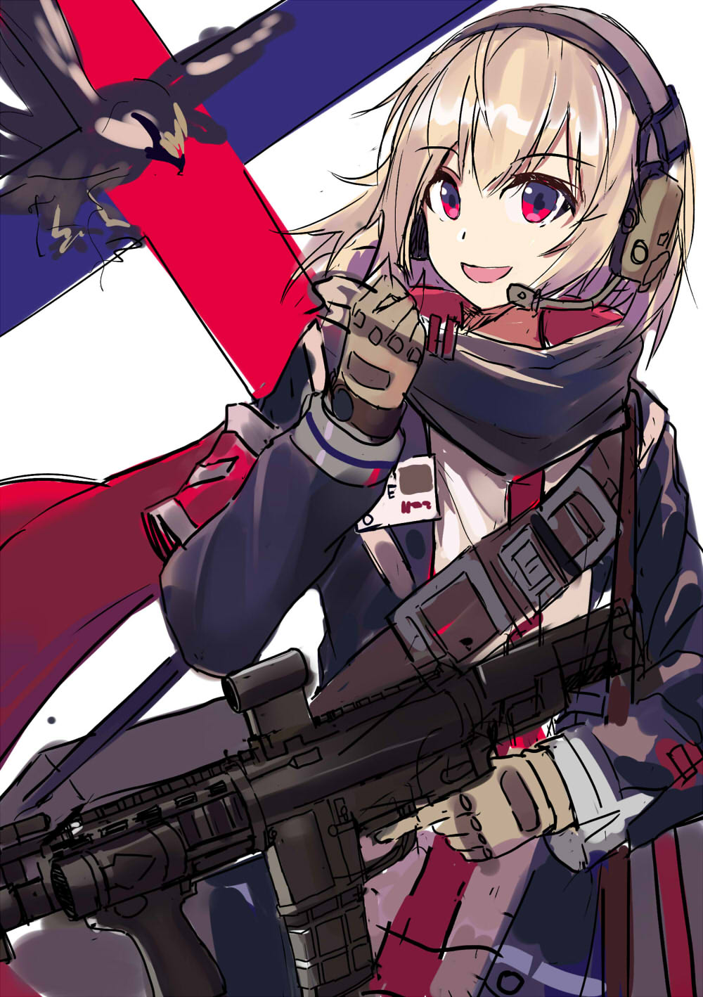1girl armband bangs bird blonde_hair commentary_request echj eyebrows_visible_through_hair girls_frontline gloves gun hair_between_eyes headset highres holding holding_gun holding_weapon jacket long_sleeves looking_at_viewer name_tag open_mouth red_eyes red_scarf rifle scarf scw_(girls_frontline) scw_(gun) short_hair sketch smile solo trigger_discipline uniform weapon