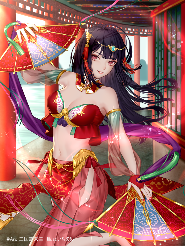 1girl architecture armlet bangs bare_shoulders black_hair blunt_bangs breasts cleavage copyright_request detached_collar dual_wielding east_asian_architecture fan hair_ornament holding inanome_me looking_at_viewer medium_breasts navel official_art pink_eyes purple_scarf red_footwear red_skirt scarf silk skirt standing tassel