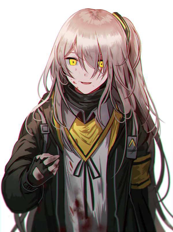 1girl armband bangs black_ribbon blood blood_on_face bloody_clothes chromatic_aberration fingerless_gloves girls_frontline gloves hair_between_eyes hair_ornament hand_up jacket long_hair looking_at_viewer neck_ribbon one_side_up ribbon scar scar_across_eye scarf shirt silence_girl simple_background smile ump45_(girls_frontline) upper_body white_background yellow_eyes