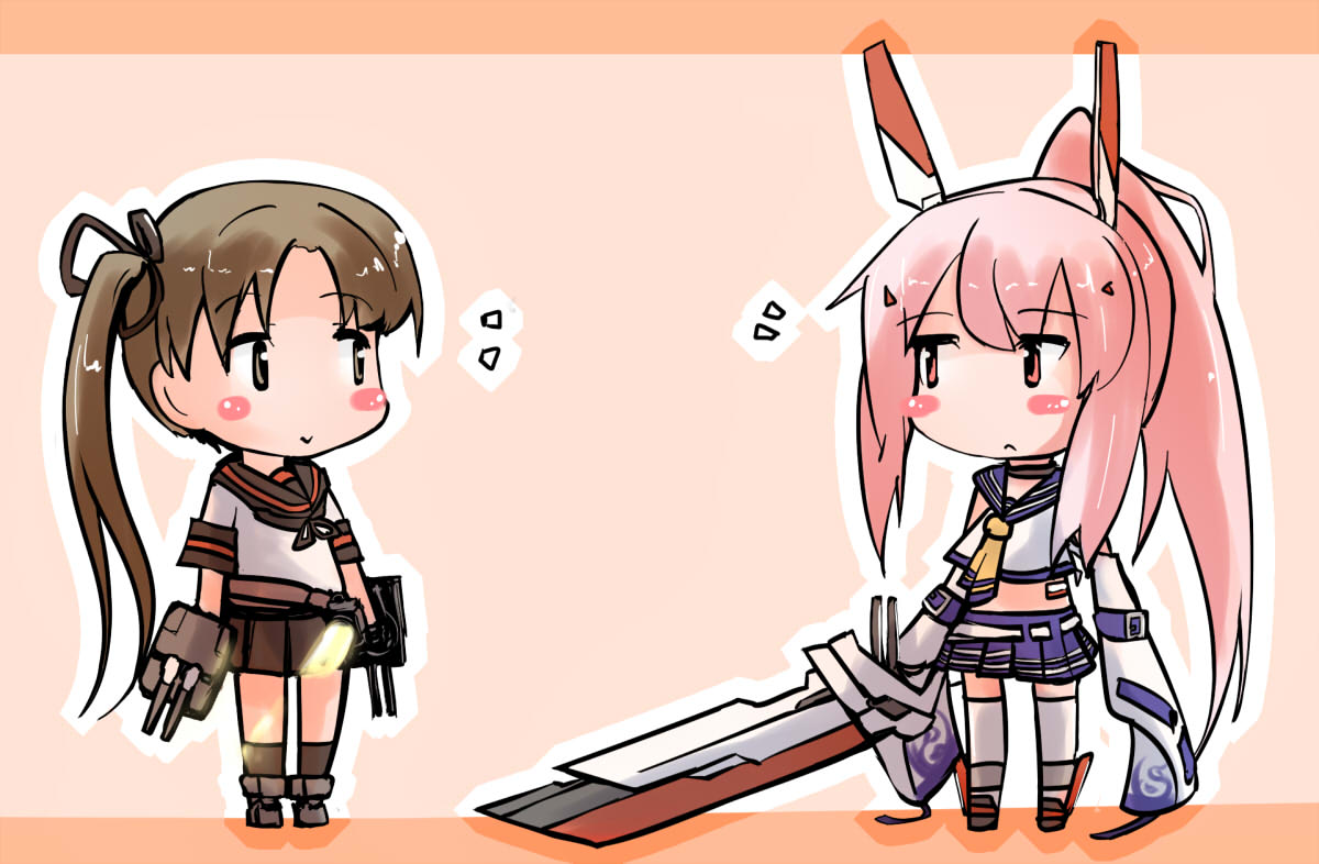 2girls :&gt; :&lt; ayanami_(azur_lane) ayanami_(kantai_collection) azur_lane blush_stickers bow brown_eyes brown_hair chibi commentary crossover detached_sleeves hair_bow hair_ribbon headgear holding holding_sword holding_weapon kantai_collection long_hair machinery multiple_girls namesake pleated_skirt ponytail remodel_(azur_lane) remodel_(kantai_collection) ribbon school_uniform serafuku side_ponytail simple_background skirt smile sword thigh-highs turret weapon white_legwear yagami_kamiya zettai_ryouiki