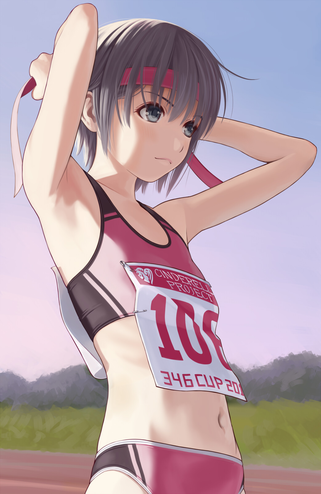 1girl :&lt; armpits arms_up bangs black_eyes black_hair blue_sky commentary_request cowboy_shot eyebrows_visible_through_hair flat_chest gradient_sky headband highres idolmaster idolmaster_cinderella_girls looking_away midriff navel nekopuchi number otokura_yuuki outdoors safety_pin short_hair sky solo sports_bikini stomach sunlight sunrise track_uniform tying upper_body v-shaped_eyebrows