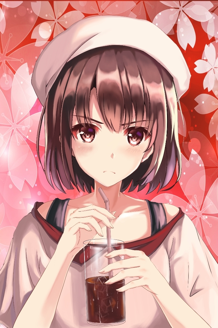 1girl brown_eyes brown_hair collarbone cup drinking_straw frown hat holding holding_cup katou_megumi looking_at_viewer saenai_heroine_no_sodatekata short_hair solo sylnice upper_body white_hat