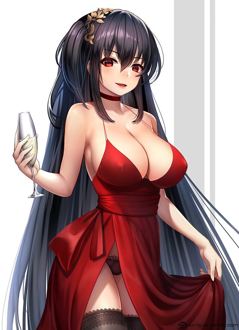 1girl alcohol azur_lane bangs black_hair black_panties breasts champagne champagne_flute choker cleavage collarbone cup dress drinking_glass eyebrows_visible_through_hair hair_ornament jurrig lace lace-trimmed_panties large_breasts long_hair looking_at_viewer panties red_dress red_eyes sash side_slit sideboob solo taihou_(azur_lane) thigh-highs underwear very_long_hair