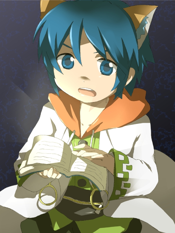 1boy animal_ears blue_eyes blue_hair book cat_ears commentary_request labcoat leon_geeste male_focus mikota_(showata) open_mouth pointy_ears short_hair solo star_ocean star_ocean_the_second_story