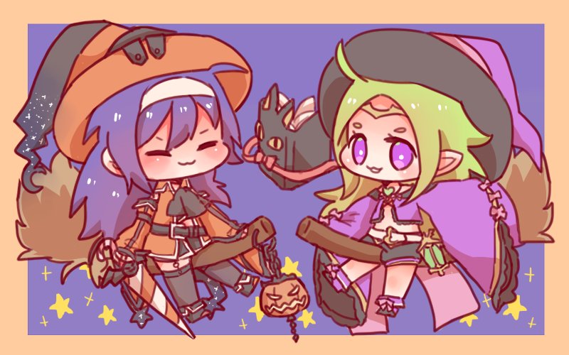 2girls :3 blue_hair broom broom_riding chibi circlet closed_eyes detached_sleeves fire_emblem fire_emblem:_kakusei fire_emblem:_souen_no_kiseki fire_emblem_heroes green_hair hat headband lantern long_hair mamkute multiple_girls nintendo nowi_(fire_emblem) parted_lips pointy_ears suzuhi21 violet_eyes wayu_(fire_emblem) white_headband witch_hat