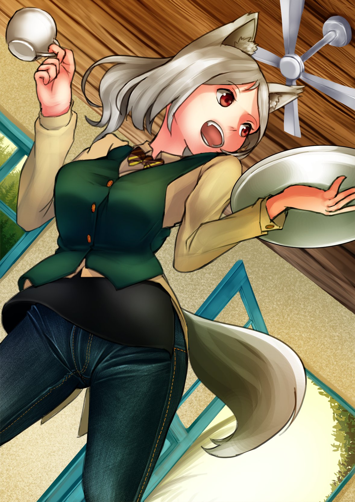 1girl animal_ears bangs blue_pants bow bowtie breasts brown_shirt ceiling_fan commentary cup denim diagonal-striped_neckwear doorway dress_shirt dutch_angle fang fanny_pack green_vest highres holding holding_cup holding_tray indoors jeans looking_back looking_to_the_side maruhitarou medium_breasts medium_hair open_mouth original pants ponytail red_eyes shirt silver_hair smile solo standing swept_bangs tail teacup tray vest waitress window wing_collar wolf_ears wolf_tail yellow_neckwear