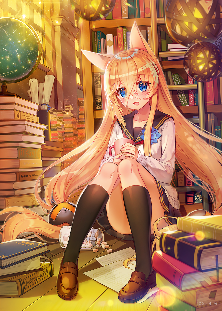 1girl :d animal_ears bangs black_legwear black_sailor_collar blann blonde_hair blue_eyes blue_flower blush book_stack bookshelf brown_footwear cardigan cat_ears celestial_sphere circle_name corsage crossed_bangs cup eyebrows_visible_through_hair flower g41_(girls_frontline) girls_frontline hair_between_eyes hair_ornament highres holding holding_cup indoors jar kneehighs knees_up ladder loafers long_hair long_sleeves looking_at_viewer miniskirt mug open_mouth paper_roll papers pleated_skirt sailor_collar school_uniform serafuku shoes sitting sitting_on_floor skirt smile solo twintails very_long_hair window