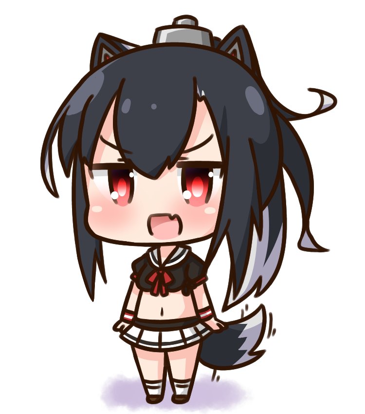 1girl :d animal_ears arms_at_sides azur_lane bangs black_shirt blush bow brown_footwear chibi commentary_request eyebrows_visible_through_hair fake_animal_ears fang full_body hair_between_eyes hana_kazari headgear long_hair midriff motion_lines multicolored_hair navel open_mouth pleated_skirt puffy_short_sleeves puffy_sleeves red_bow red_eyes sailor_collar school_uniform serafuku shigure_(azur_lane) shirt shoes short_sleeves sidelocks skirt smile socks solo standing streaked_hair tail very_long_hair white_background white_hair white_legwear white_sailor_collar white_skirt wolf_ears wolf_girl wolf_tail wristband