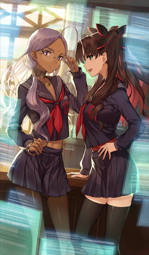 2girls adjusting_eyewear ahoge black_legwear black_serafuku blonde_hair bracelet brown_hair commentary_request craft_essence dark_skin famepeera fate/extra fate/extra_ccc fate/grand_order fate_(series) glasses gloves green_eyes hair_ribbon jewelry looking_at_viewer multiple_girls official_art pantyhose rani_viii ribbon school_uniform serafuku thigh-highs tohsaka_rin tsukumihara_student_council twintails type-moon