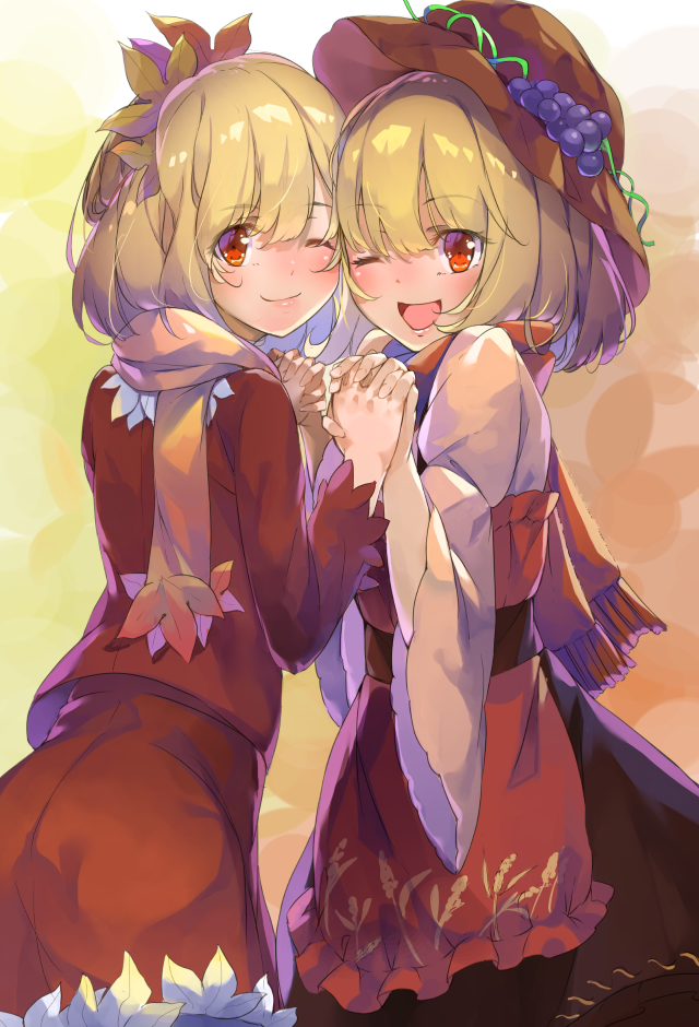 2girls ;d aki_minoriko aki_shizuha apron black_skirt blonde_hair blouse commentary_request cowboy_shot food food_themed_clothes fruit gradient gradient_background grapes hair_ornament hand_holding hat head_to_head interlocked_fingers leaf_hair_ornament long_sleeves looking_at_viewer multiple_girls one_eye_closed open_mouth partial_commentary piyodesu red_eyes red_shirt red_skirt scarf shirt short_hair siblings sisters skirt skirt_set smile standing touhou yellow_blouse