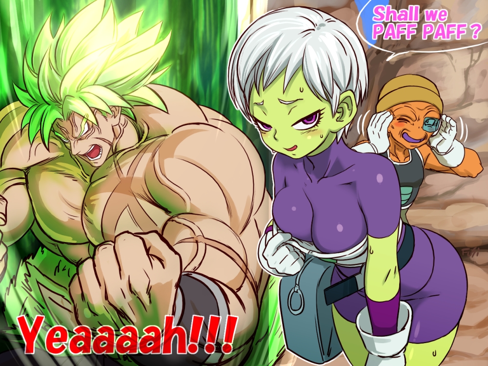 1girl 2boys abs aura biceps broly broly_(dragon_ball_super) cheelai dragon_ball dragon_ball_super dragon_ball_super_broly english fushisha_o gloves green_skin leaning_forward looking_at_viewer multiple_boys open_mouth pectorals scar scouter shirtless short_hair skin_tight smile spiky_hair super_saiyan sweat violet_eyes white_gloves