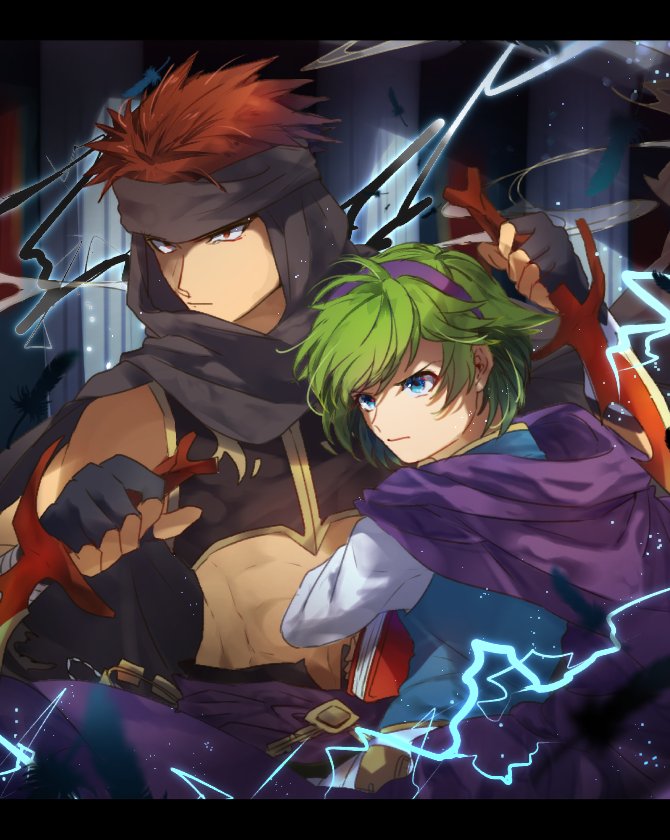 1boy 1girl blue_eyes blush book cape fire_emblem fire_emblem:_rekka_no_ken gloves green_hair hairband haru_hikoya jaffar_(fire_emblem) nino_(fire_emblem) nintendo open_mouth purple_hairband redhead short_hair smile