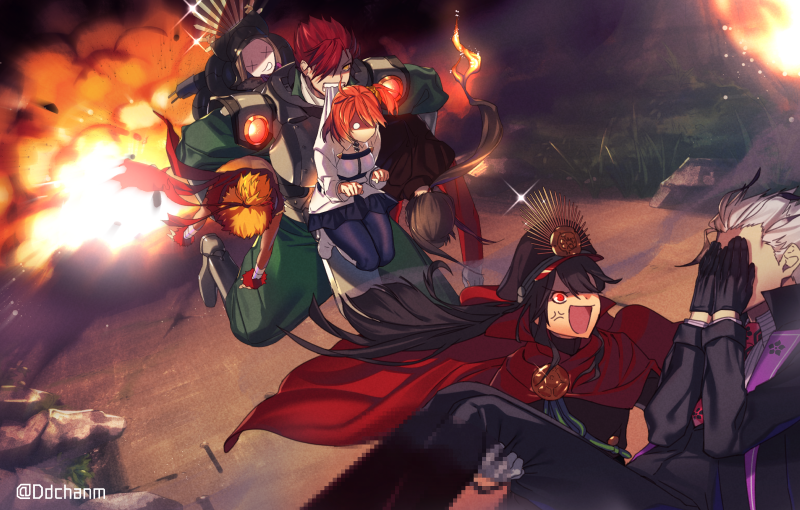 3girls 4boys akechi_mitsuhide_(fate/grand_order) anger_vein black_hair blonde_hair cape carrying carrying_over_shoulder carrying_under_arm chacha_(fate/grand_order) covering_face dd_(vktr4837) explosion fate/grand_order fate_(series) fiery_hair fujimaru_ritsuka_(female) hair_over_one_eye hat japanese_clothes koha-ace mori_nagayoshi_(fate) mouth_hold multiple_boys multiple_girls oda_nobukatsu_(fate/grand_order) oda_nobunaga_(fate) orange_hair peaked_cap princess_carry red_cape red_eyes redhead running spiky_hair toyotomi_hideyoshi_(sengoku_basara) twitter_username unconscious