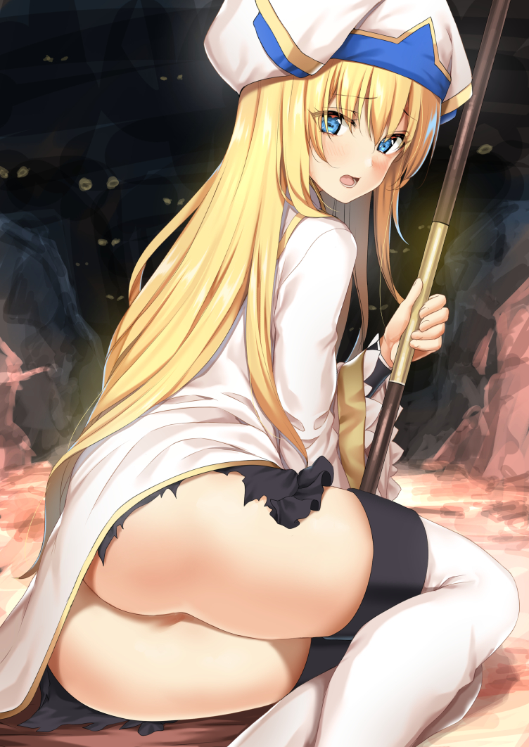 1girl ass blonde_hair blue_eyes blush body_mahattaya_ginga boots commentary_request eyebrows_visible_through_hair from_side goblin_slayer! hat long_hair looking_at_viewer looking_back no_panties open_mouth priestess_(goblin_slayer!) sidelocks sitting solo staff thigh-highs thigh_boots torn_clothes white_legwear yokozuwari