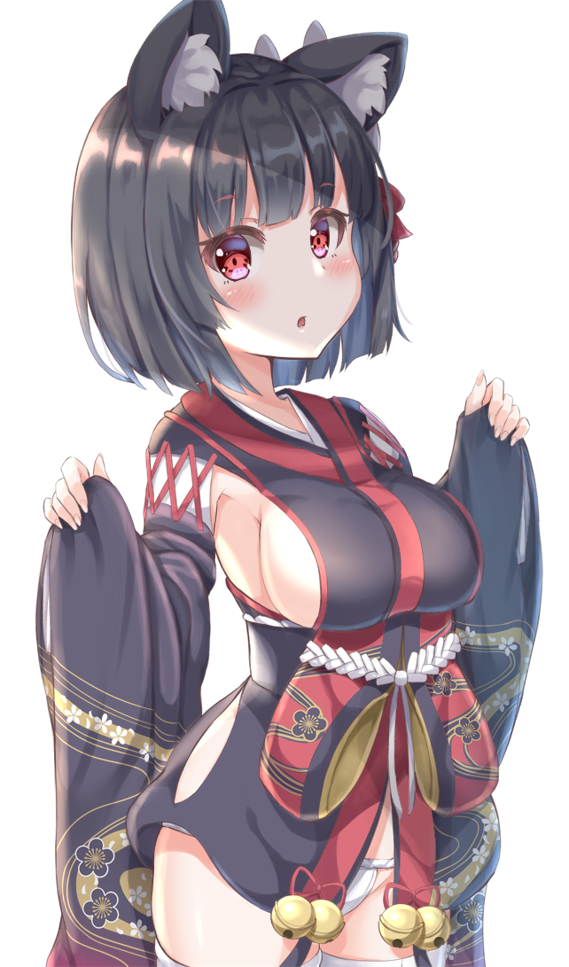 1girl :o animal_ear_fluff animal_ears azur_lane bell black_hair black_kimono blush bow breasts commentary_request fingernails groin hair_bow japanese_clothes jingle_bell keiran_(ryo170) kimono large_breasts long_sleeves looking_at_viewer panties parted_lips pinching_sleeves red_bow red_eyes short_hair short_kimono sideboob simple_background sleeves_past_wrists solo thigh-highs underwear white_background white_legwear white_panties wide_sleeves yamashiro_(azur_lane)