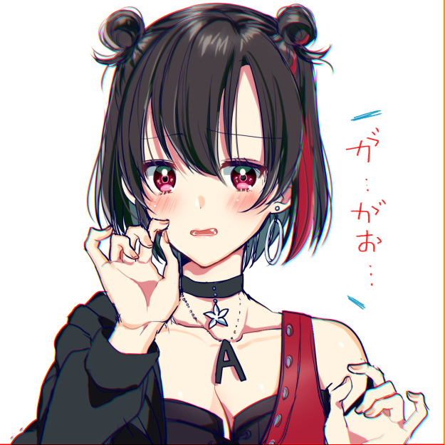 1girl alternate_hairstyle bang_dream! bangs black_choker black_hair black_jacket blush bob_cut choker claw_pose collarbone earrings embarrassed eyebrows_visible_through_hair gao hands_up hoop_earrings jacket jewelry looking_at_viewer mitake_ran mizukikushou multicolored_hair off_shoulder open_mouth pendant redhead solo streaked_hair violet_eyes