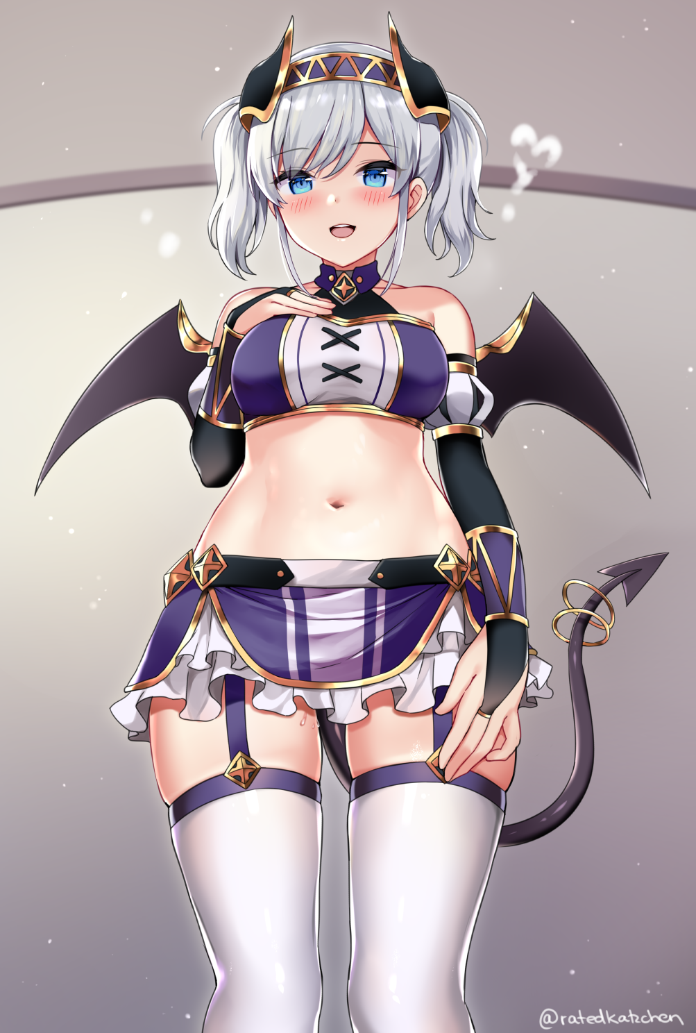 1girl :d bangs bare_shoulders black_wings blue_eyes blush breasts bridal_gauntlets collarbone commentary crop_top demon_girl demon_tail demon_wings detached_sleeves eyebrows_visible_through_hair frilled_skirt frills garter_straps hair_between_eyes hairband heart highres indoors kaetzchen kazemiya_akari medium_breasts midriff navel open_mouth princess_connect!_re:dive puffy_short_sleeves puffy_sleeves purple_hairband purple_skirt round_teeth short_sleeves silver_hair skirt smile solo standing steam tail tail_raised teeth thigh-highs twintails twitter_username upper_teeth white_legwear wings